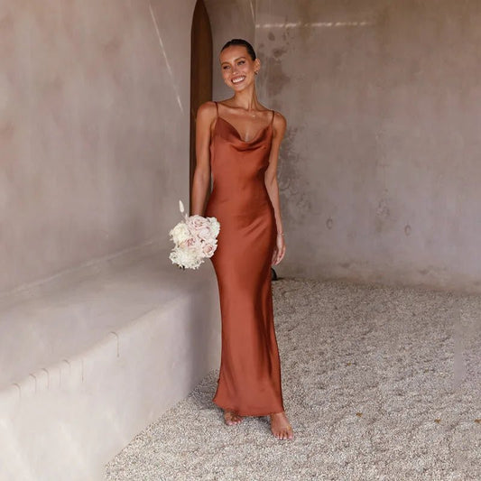 Women's Backless Satin Fitted Maxi Dress with High Slit
