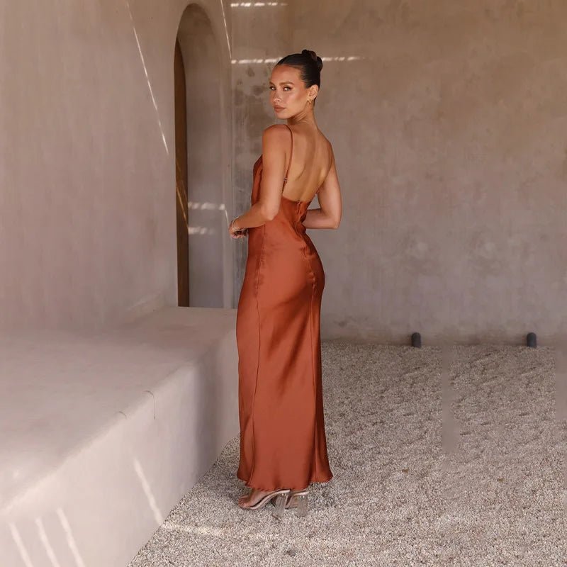 Women's Backless Satin Fitted Maxi Dress with High Slit