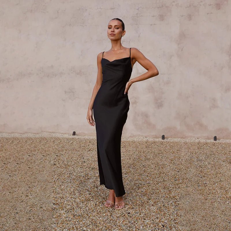 Women's Backless Satin Fitted Maxi Dress with High Slit