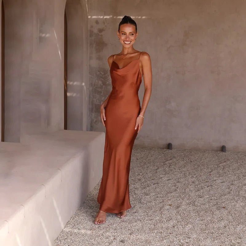 Women's Backless Satin Fitted Maxi Dress with High Slit