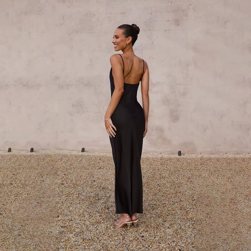 Women's Backless Satin Fitted Maxi Dress with High Slit