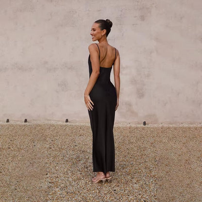 Women's Backless Satin Fitted Maxi Dress with High Slit