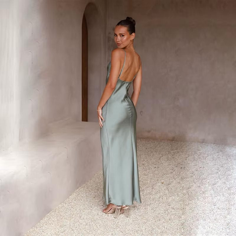Women's Backless Satin Fitted Maxi Dress with High Slit