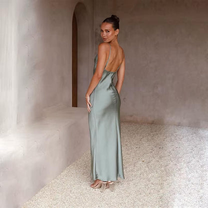 Women's Backless Satin Fitted Maxi Dress with High Slit