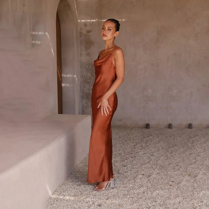 Women's Backless Satin Fitted Maxi Dress with High Slit