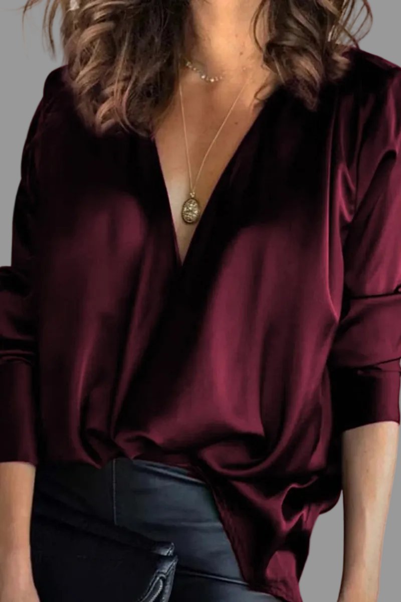 Women's Long Sleeve V-Neck Satin Shirt