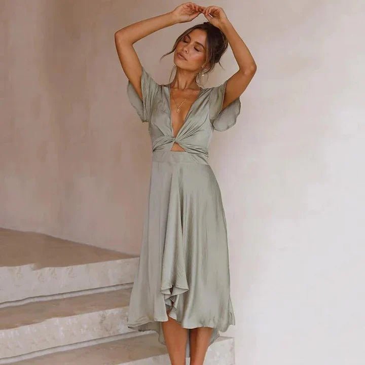 Women's Satin Asymmetrical Midi Dress with Deep V-Neck and Butterfly Sleeves