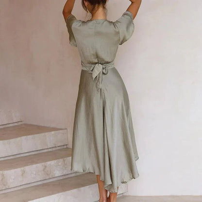 Women's Satin Asymmetrical Midi Dress with Deep V-Neck and Butterfly Sleeves