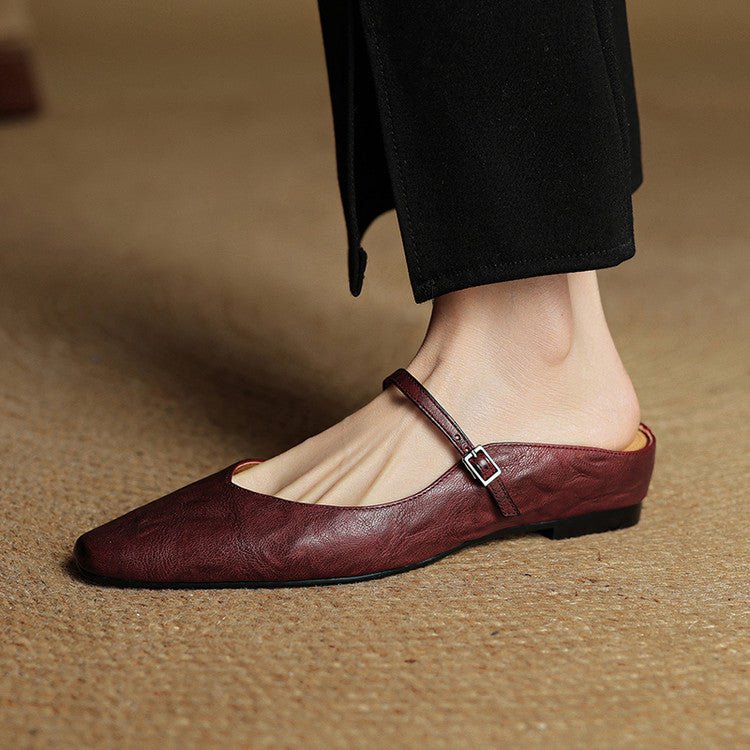 Women's Pointed-Toe Leather Mary Jane Backless Mules