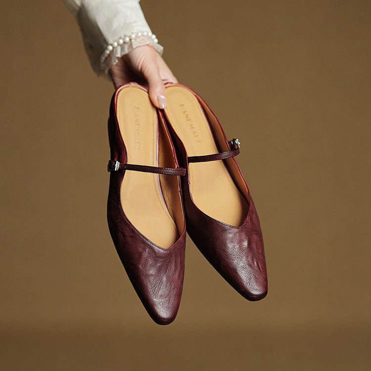 Women's Pointed-Toe Leather Mary Jane Backless Mules