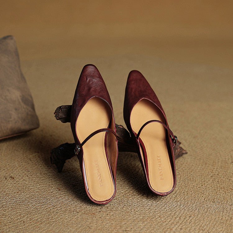 Women's Pointed-Toe Leather Mary Jane Backless Mules