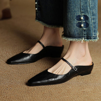 Women's Pointed-Toe Leather Mary Jane Backless Mules