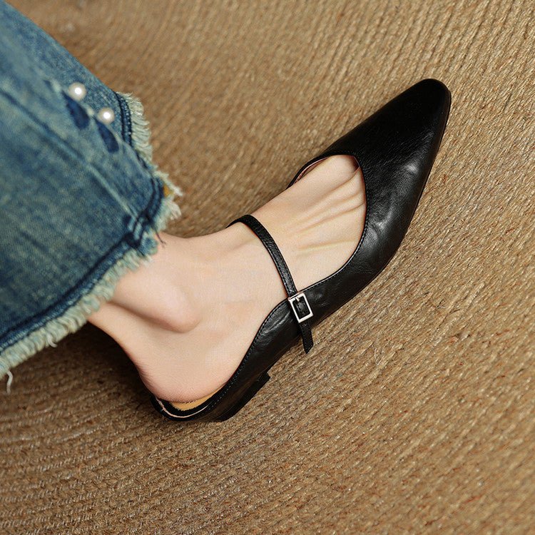 Women's Pointed-Toe Leather Mary Jane Backless Mules