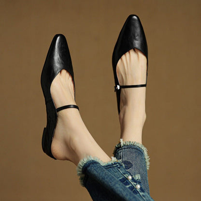 Women's Pointed-Toe Leather Mary Jane Backless Mules