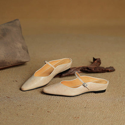 Women's Pointed-Toe Leather Mary Jane Backless Mules