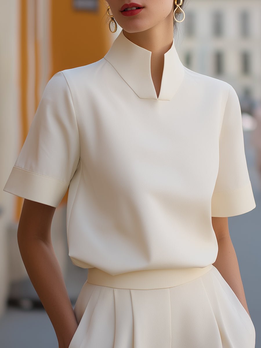 Mandarin Collar Structured Short Sleeve Top for Women