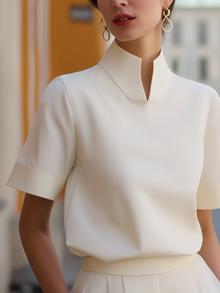 Mandarin Collar Structured Short Sleeve Top for Women