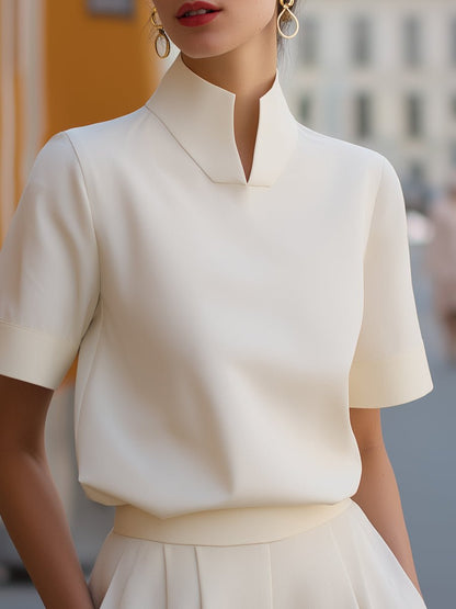 Mandarin Collar Structured Short Sleeve Top for Women