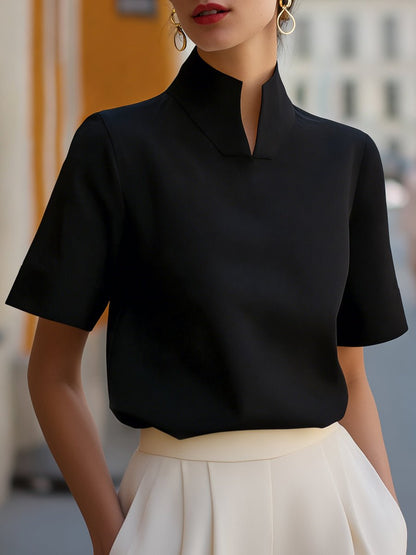 Mandarin Collar Structured Short Sleeve Top for Women