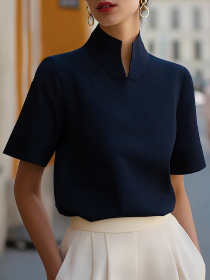 Mandarin Collar Structured Short Sleeve Top for Women