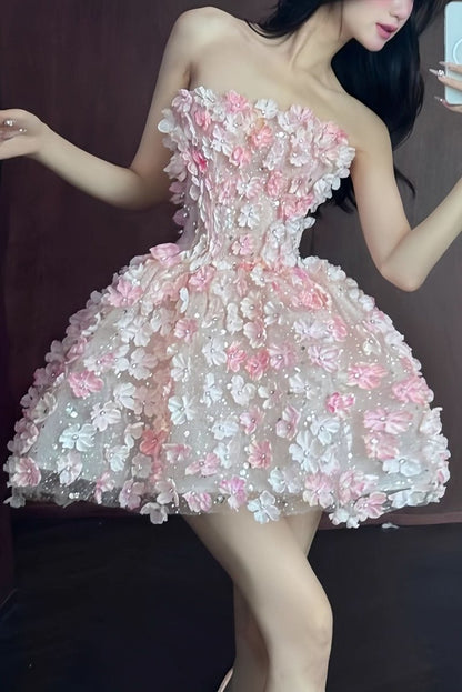 Women's Strapless 3D Floral Appliqué Mini Cocktail Dress