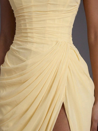 Women's Strapless Corset Maxi Dress with Slit