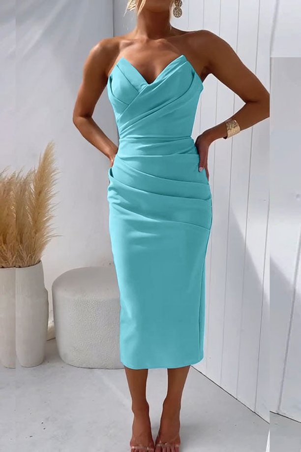 Women's Strapless Draped Midi Bodycon Dress