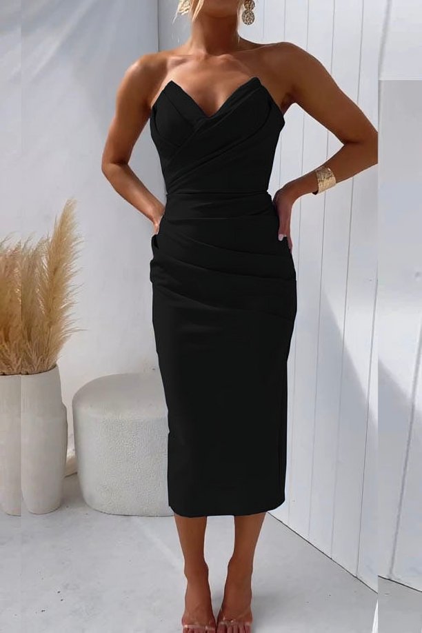 Women's Strapless Draped Midi Bodycon Dress