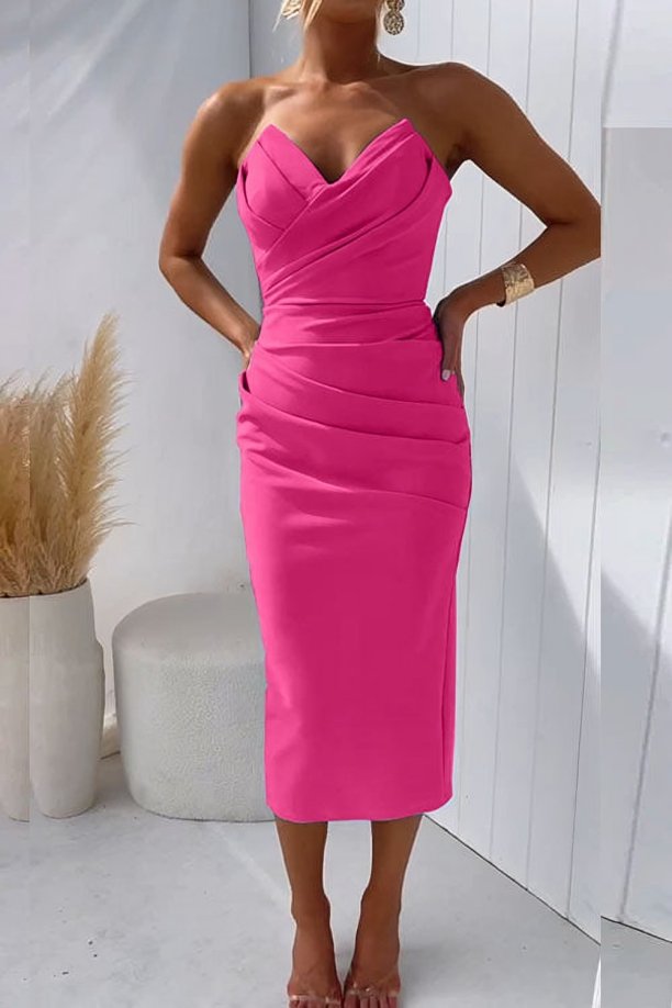 Women's Strapless Draped Midi Bodycon Dress