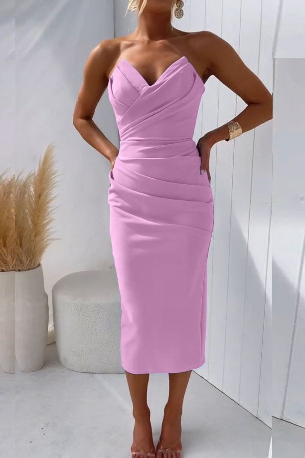 Women's Strapless Draped Midi Bodycon Dress
