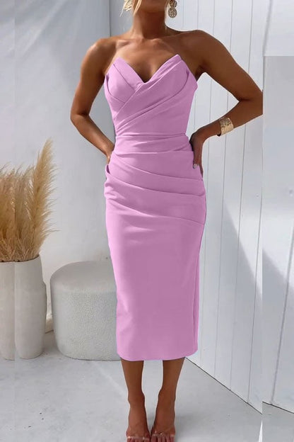 Women's Strapless Draped Midi Bodycon Dress