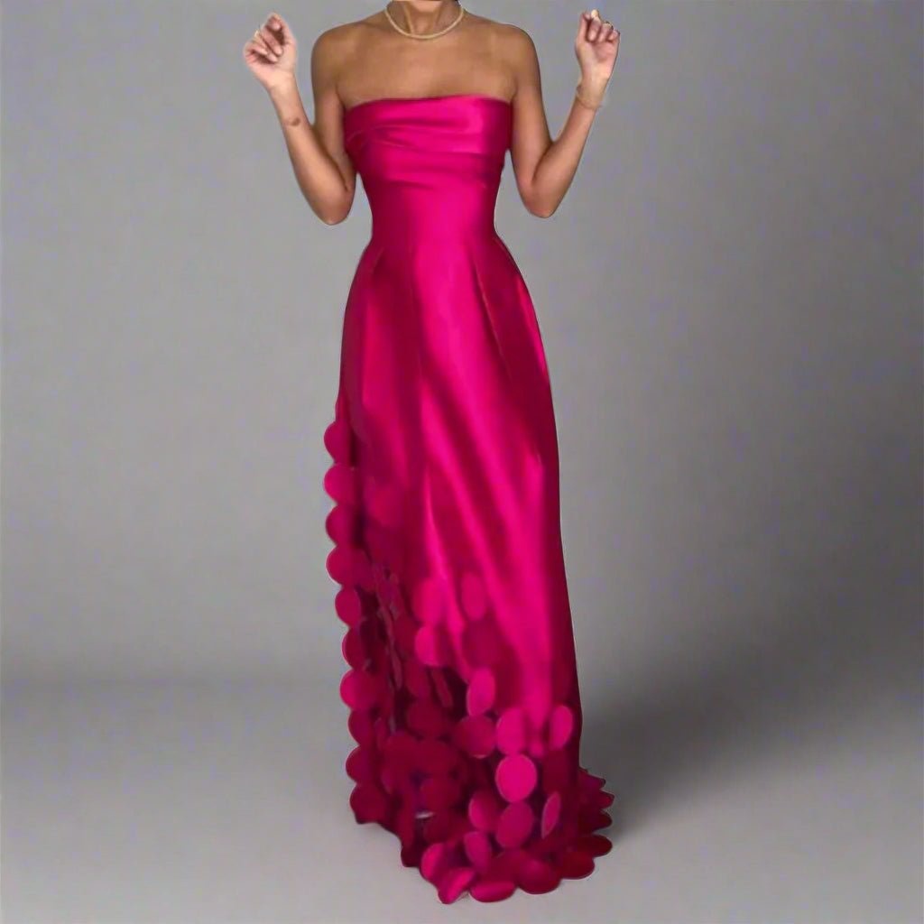 Women's Satin Bandeau Maxi Evening Gown with Ring Accents