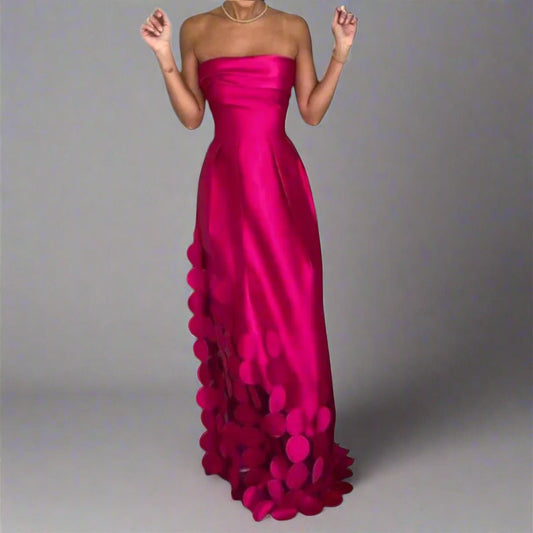Women's Satin Bandeau Maxi Evening Gown with Ring Accents