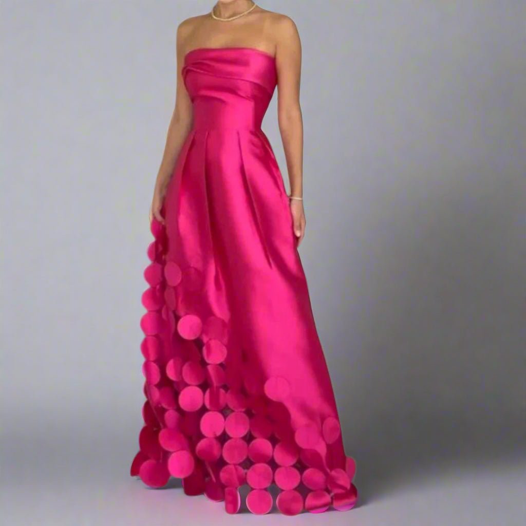 Women's Satin Bandeau Maxi Evening Gown with Ring Accents