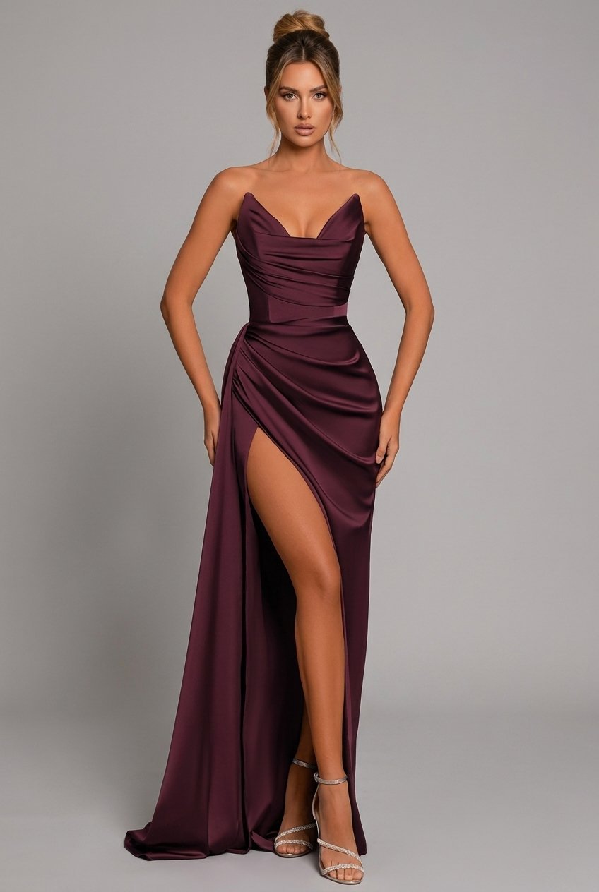 Women's Strapless Sweetheart Pleated Satin Maxi Dress with Slit