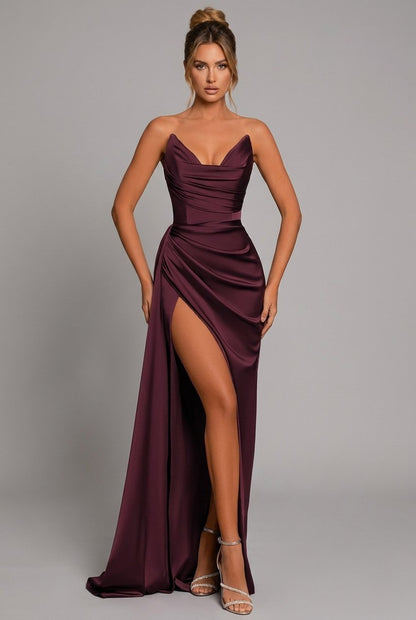 Women's Strapless Sweetheart Pleated Satin Maxi Dress with Slit