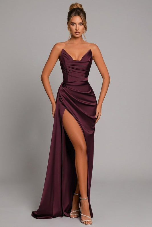 Women's Strapless Sweetheart Pleated Satin Maxi Dress with Slit