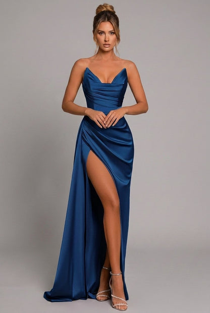 Women's Strapless Sweetheart Pleated Satin Maxi Dress with Slit