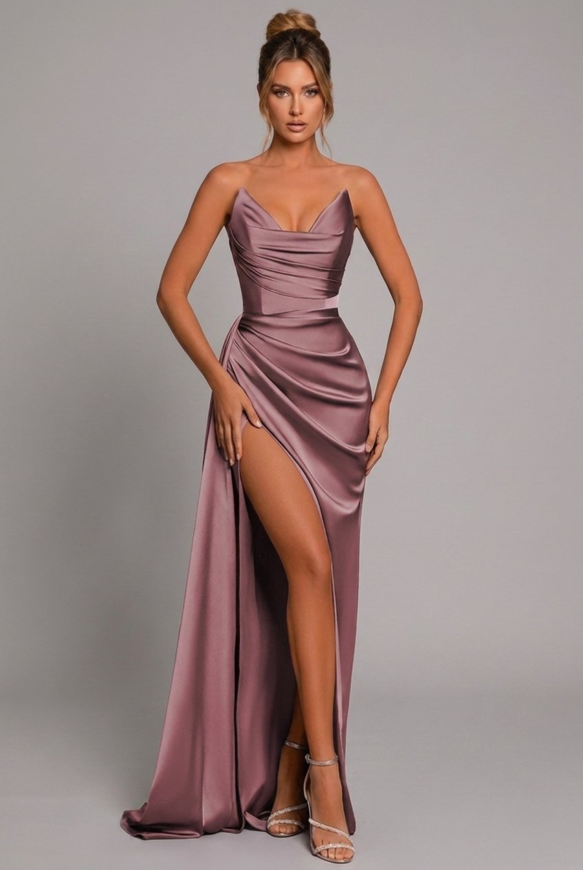 Women's Strapless Sweetheart Pleated Satin Maxi Dress with Slit