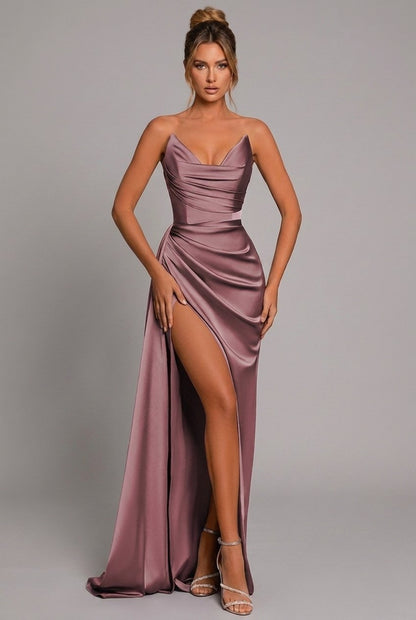 Women's Strapless Sweetheart Pleated Satin Maxi Dress with Slit