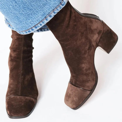 Square-Toe Suede Block-Heel Knee-High Boots for Women