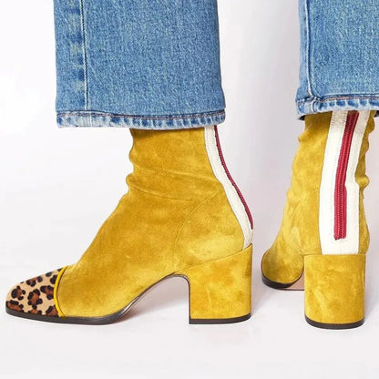 Square-Toe Suede Block-Heel Knee-High Boots for Women