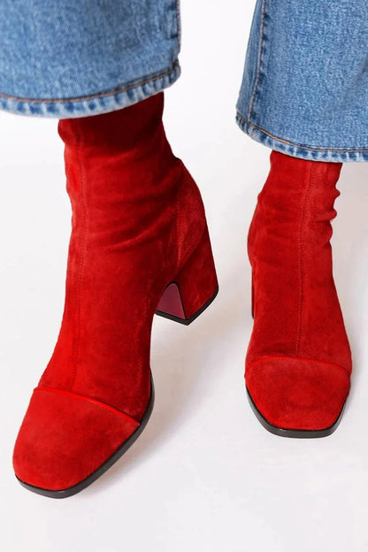 Square-Toe Suede Block-Heel Knee-High Boots for Women