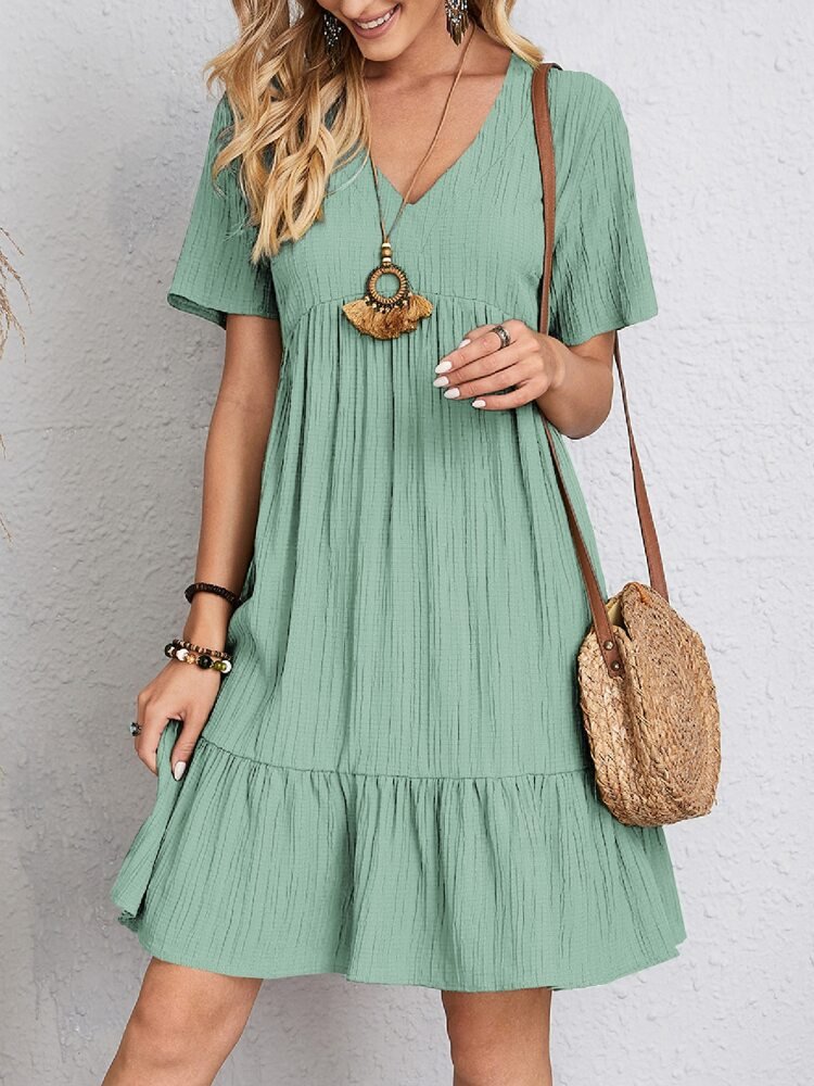 Women's Tiered Short Sleeve V-Neck Casual Swing Dress