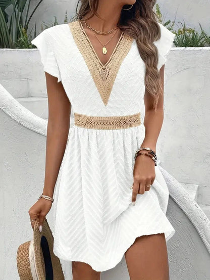 Women's Butterfly Sleeve Lace Trim V-Neck Summer Casual Dress