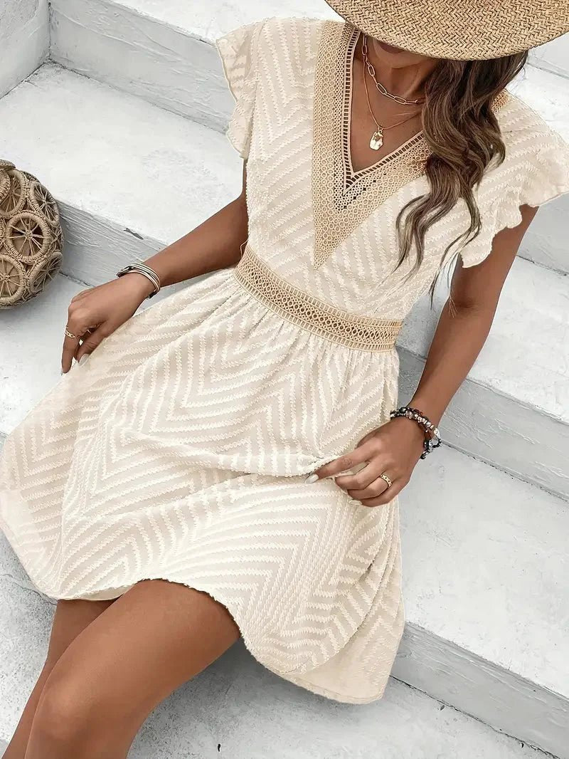 Women's Butterfly Sleeve Lace Trim V-Neck Summer Casual Dress