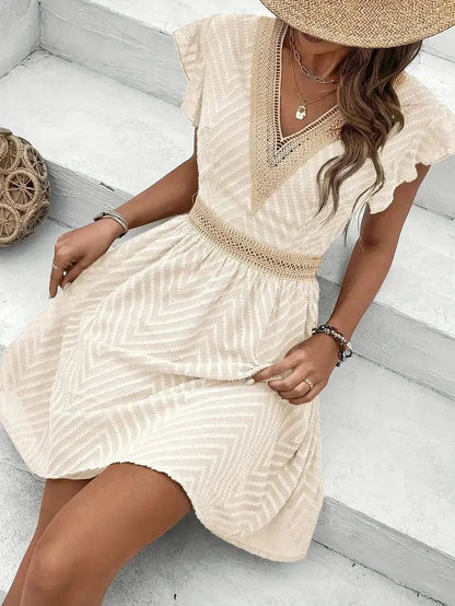 Women's Butterfly Sleeve Lace Trim V-Neck Summer Casual Dress