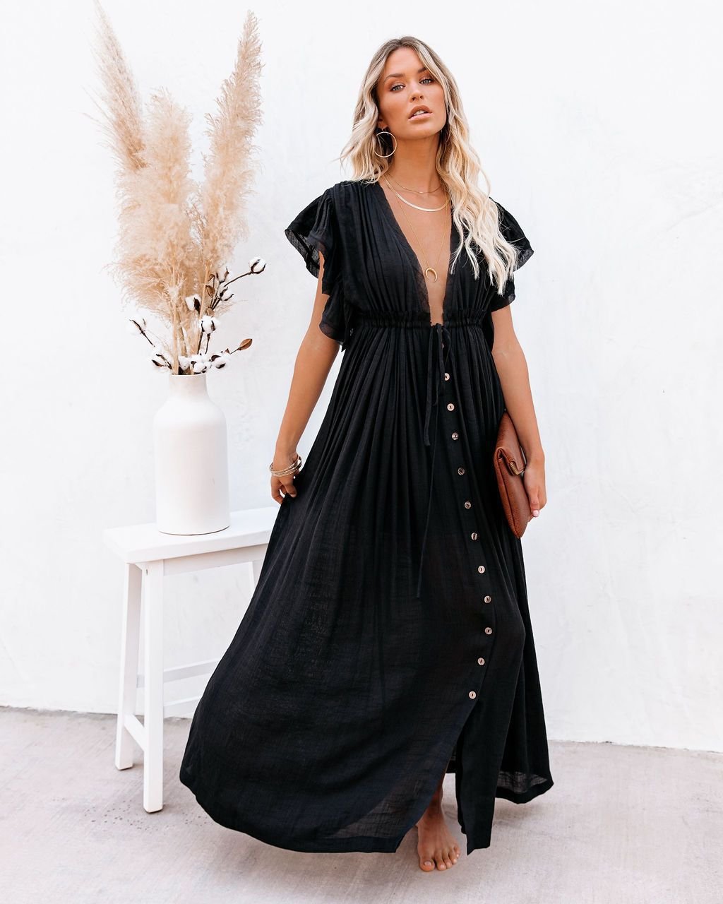 Women's Short-Sleeve Button-Front V-Neck Maxi Dress