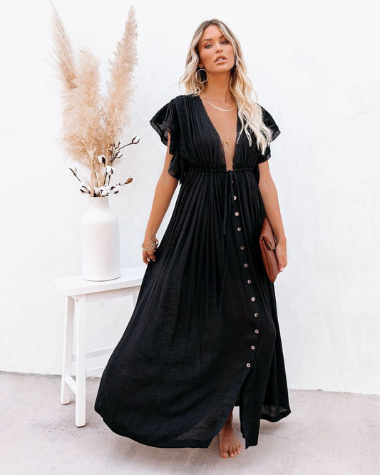 Women's Short-Sleeve Button-Front V-Neck Maxi Dress