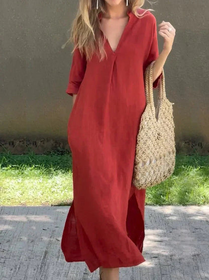 Women's Relaxed V-Neck Cotton-Linen Summer Maxi Dress